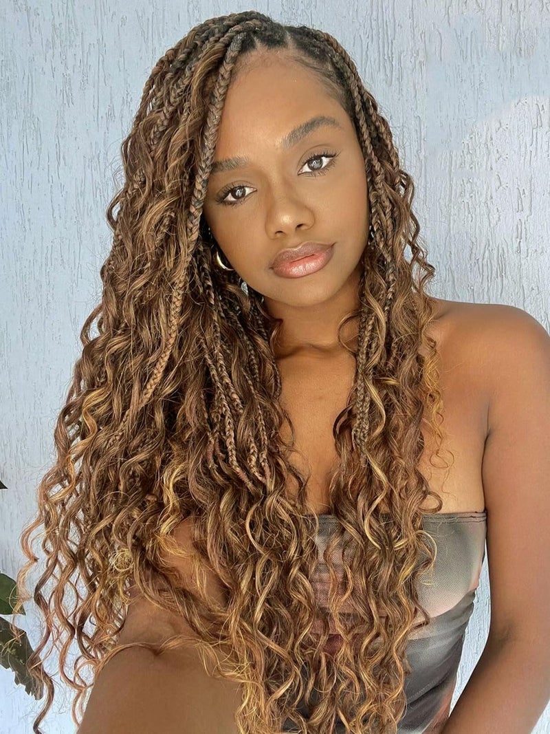 Liyate Goddess Bohemian Box Braids Crochet Hair - 18 Inch Crochet Braids with Curly Ends, 7 Packs Synthetic Braiding Hair Extensions for Black Women, M33/30/27 - Image 1