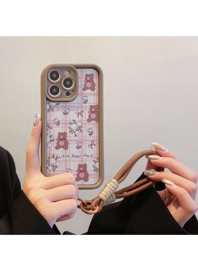 NIBEMINENT Lanyard Leopard Pattern Protective TPU Case Cover For iPhone 15, Plaid Bear With Lanyard - Image 1