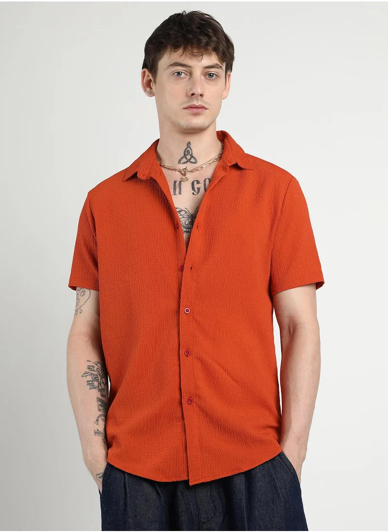 Campus Sutra Men's Red Ruched Regular Fit Casual Shirt