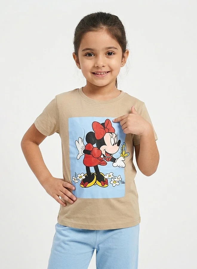 HAWRAA ABAYA Girls' Minnie Mouse Pajama Set in Beige and Sky Blue – Cartoon T-Shirt and Shorts, Comfortable for Everyday Wear