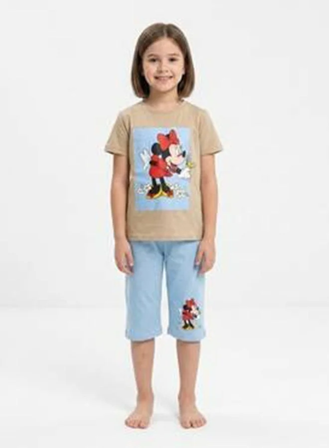 HAWRAA ABAYA Girls' Minnie Mouse Pajama Set in Beige and Sky Blue – Cartoon T-Shirt and Shorts, Comfortable for Everyday Wear
