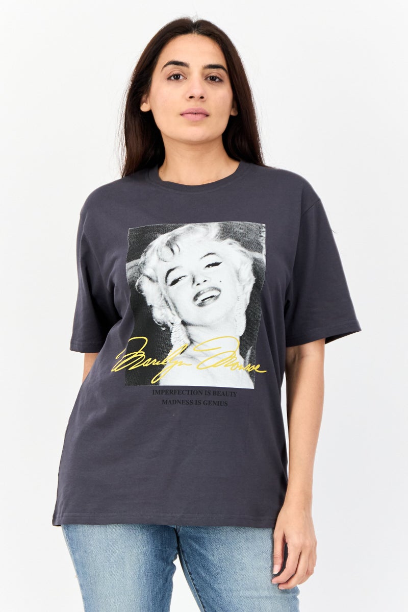 Marlyn Monroe Women Oversized Fit Crew Neck Graphic Print T-Shirt, Dark Grey - Image 1