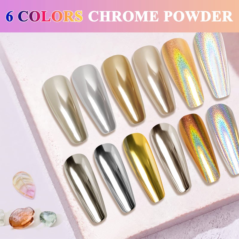 DRMODE Gold Silver Chrome Nail Powder, Holographic Unicorn Iridescent Chrome Powder for Nails, 6 Colors Metallic Mirror Effect Champagne Chrome Nail Art Powder Pigment Glitter with Applicators for Nail Art - Image 4