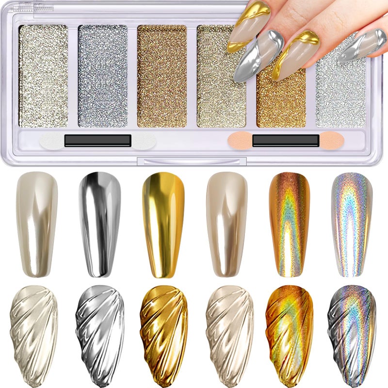 DRMODE Gold Silver Chrome Nail Powder, Holographic Unicorn Iridescent Chrome Powder for Nails, 6 Colors Metallic Mirror Effect Champagne Chrome Nail Art Powder Pigment Glitter with Applicators for Nail Art - Image 1