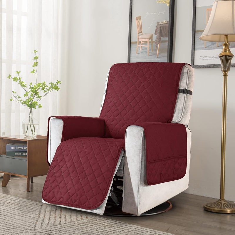 subrtex Recliner Chair Cover Fitted Large Sofa Slip Cover Seat Width to 28 Inch Reversible Washable Protector with Elastic Adjustable Strap for Home with Kids and Pets (Large, Wine) - Image 3