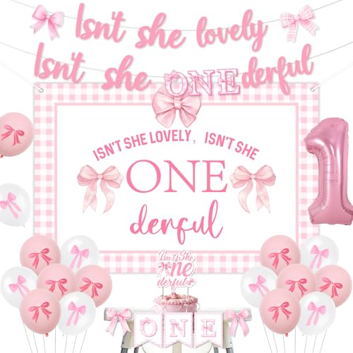 Blisstock Pink Bow First Birthday Decorations Isnt She Onederful Bow Banner Backdrop Cake Topper Pink Bow One High Chair Banner Balloon Coquette Party Decors for Girls Isnt She Lovely Party Supplies - Image 1