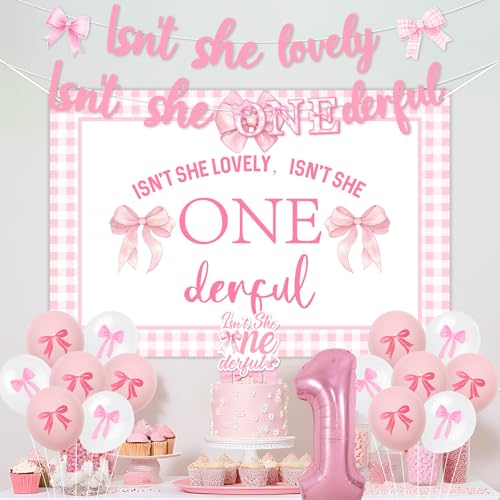 Blisstock Pink Bow First Birthday Decorations Isnt She Onederful Bow Banner Backdrop Cake Topper Pink Bow One High Chair Banner Balloon Coquette Party Decors for Girls Isnt She Lovely Party Supplies - Image 5