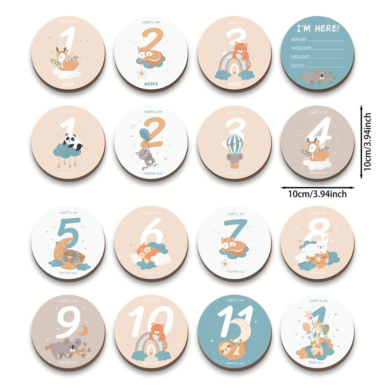 16 Pcs Monthly Milestones Morandi Colored Animal Figures Wooden Growth Record Keepsake For New Parents Grandparents Home Decor - Image 3