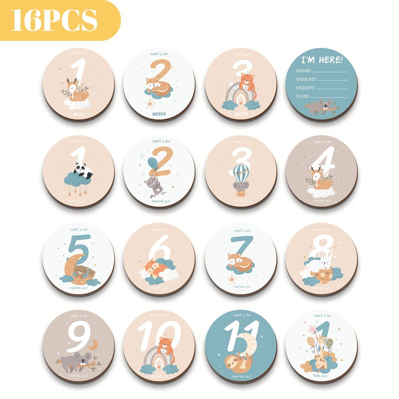 16 Pcs Monthly Milestones Morandi Colored Animal Figures Wooden Growth Record Keepsake For New Parents Grandparents Home Decor - Image 1