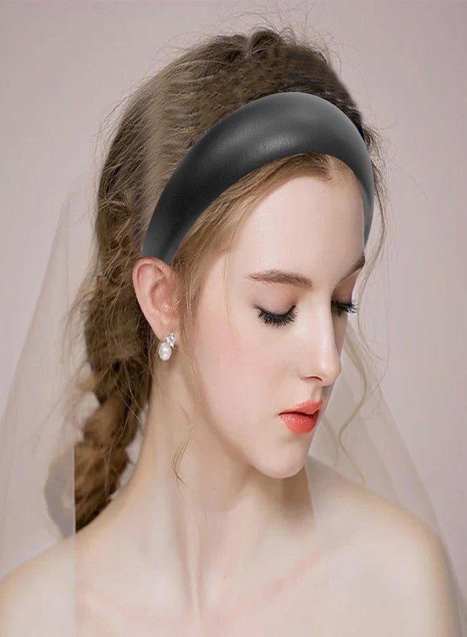 Cutewing Black Wide Headband for Women Soft Leather Padded Headband Fashion Dressy Head Band High Elastic Comfortable Hairband Hair Accessories for Womens Hair - Image 2