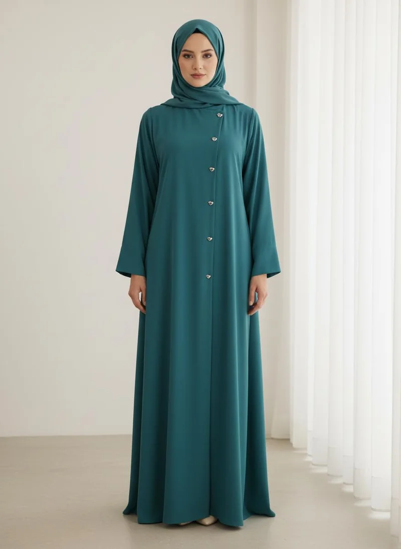 أم سكوير فاشن Green Korean Nida  Asymmetrical Button Design Abaya with Matching Chiffon Headscarf