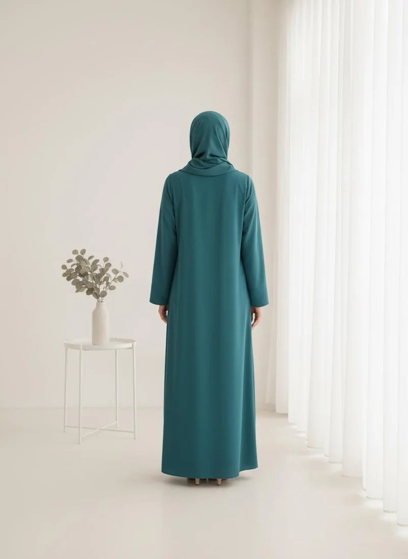 MSquare Fashion  Green Korean Nida  Asymmetrical Button Design Abaya with Matching Chiffon Headscarf for Women | Best Price UAE