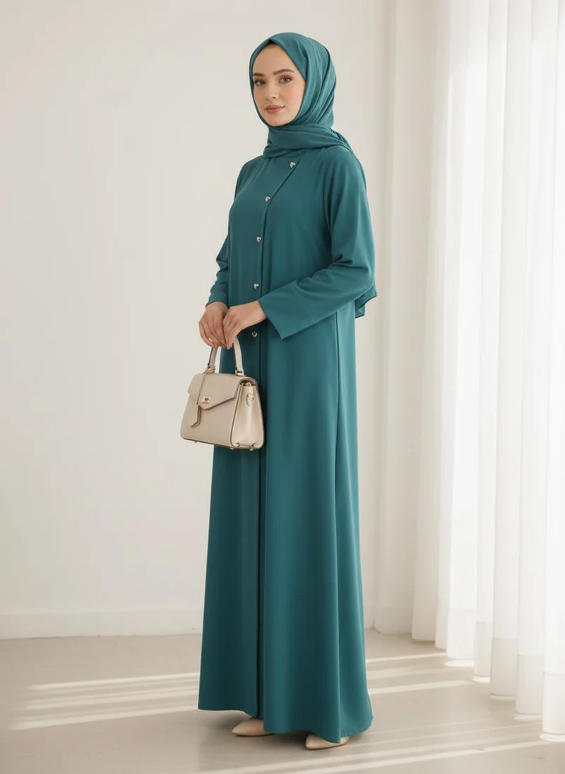 أم سكوير فاشن Green Korean Nida  Asymmetrical Button Design Abaya with Matching Chiffon Headscarf
