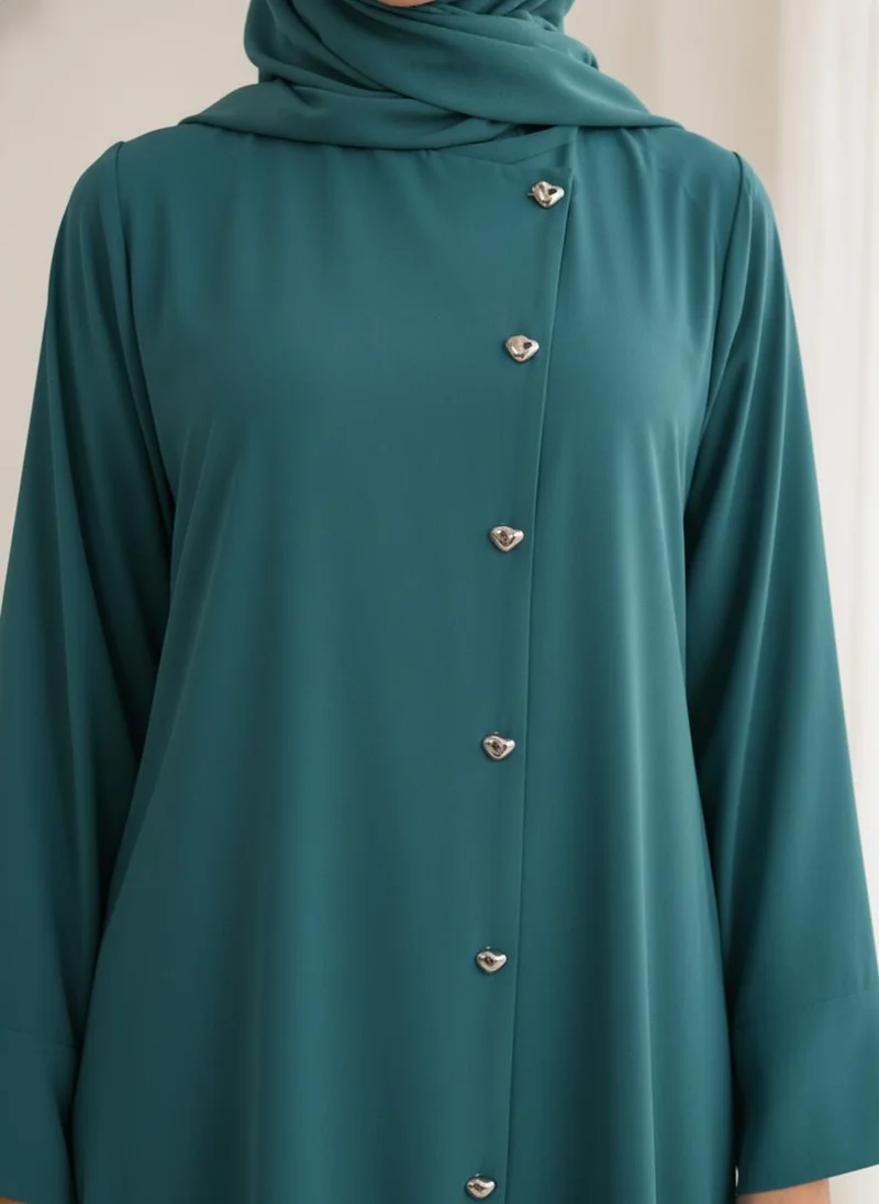 MSquare Fashion  Green Korean Nida  Asymmetrical Button Design Abaya with Matching Chiffon Headscarf for Women | Best Price UAE