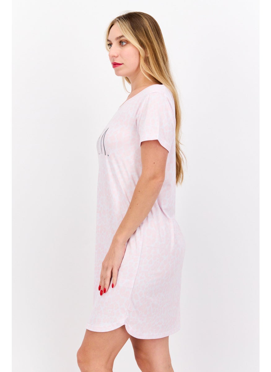 Rae Dunn - Women Round Neck Short Sleeve Graphic Print Sleepwear Dress, Pink - Image 1