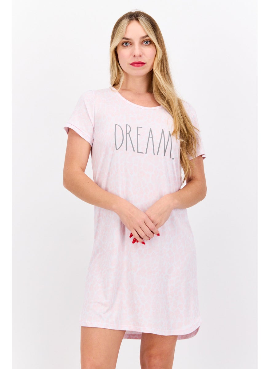 Rae Dunn - Women Round Neck Short Sleeve Graphic Print Sleepwear Dress, Pink - Image 1