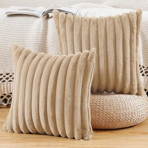 AEROHAVEN™ Premium Faux Rabbit Fur Plush Luxury Soft Fluffy Striped Decorative Throw Pillow/Cushion Covers for Sofa, Couch, Living Room - CC283 - (2, Khaki, 18 x 18 Inch) - Image 1