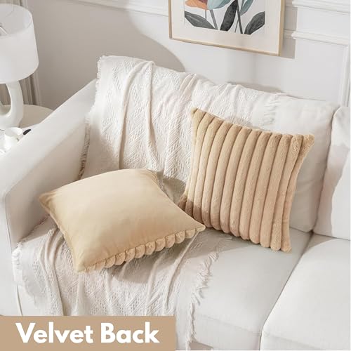 AEROHAVEN™ Premium Faux Rabbit Fur Plush Luxury Soft Fluffy Striped Decorative Throw Pillow/Cushion Covers for Sofa, Couch, Living Room - CC283 - (2, Khaki, 18 x 18 Inch) - Image 4
