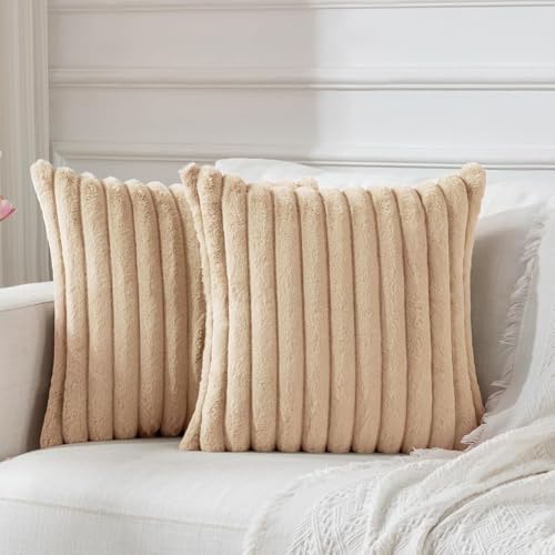 AEROHAVEN™ Premium Faux Rabbit Fur Plush Luxury Soft Fluffy Striped Decorative Throw Pillow/Cushion Covers for Sofa, Couch, Living Room - CC283 - (2, Khaki, 18 x 18 Inch) - Image 3