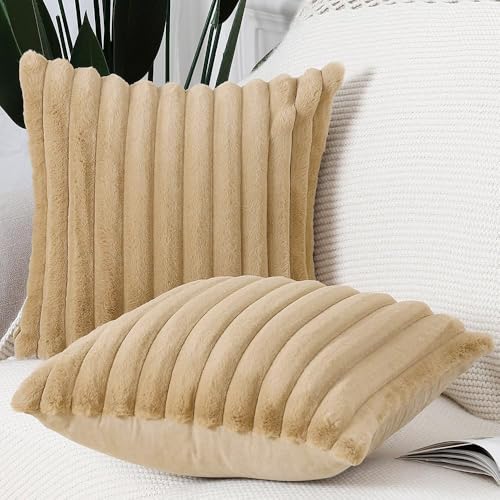 AEROHAVEN™ Premium Faux Rabbit Fur Plush Luxury Soft Fluffy Striped Decorative Throw Pillow/Cushion Covers for Sofa, Couch, Living Room - CC283 - (2, Khaki, 18 x 18 Inch) - Image 2