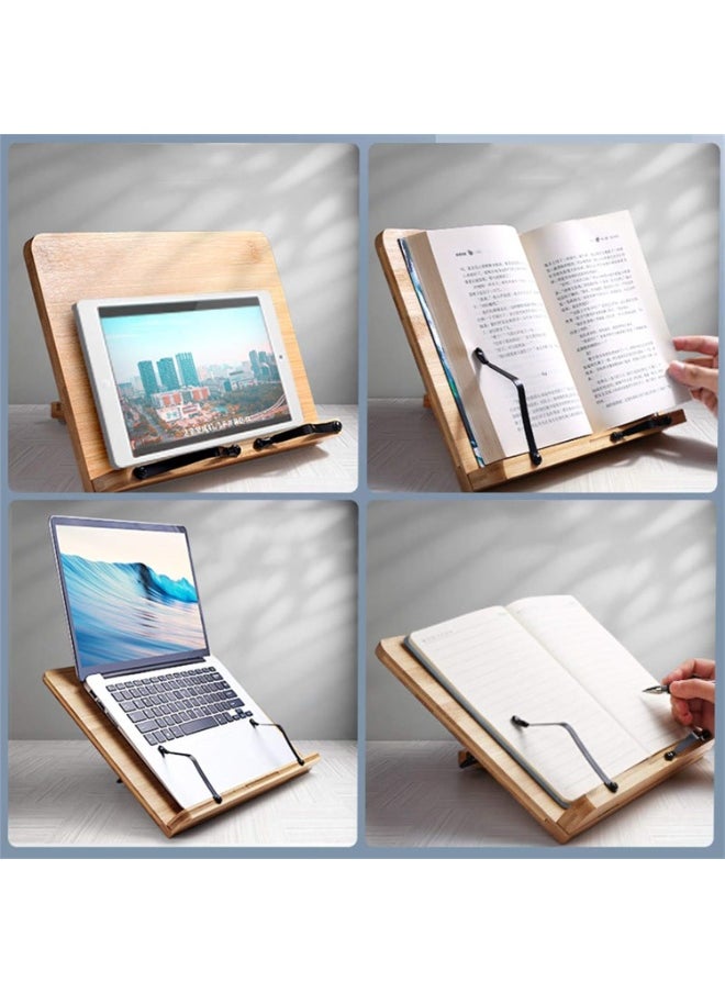 Adjustable Wooden Book Stand, 11x7.8 Inches Foldable Reading Holder with 8 Height Settings & Page Clips, Portable Book Holder for Textbooks, Music Sheets, Laptops, Cookbooks