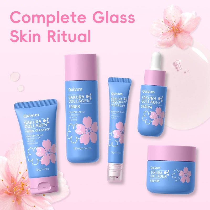 QUIYUM Sakura Collagen Skincare Set - 8-Piece Glass Skin Routine with Cleanser, Toner, Serum, Eye Cream, Moisturizer | Hydration, Firm, Glow for All Skin Types, Skin Care Gift Sets, for Mother's day - Image 5