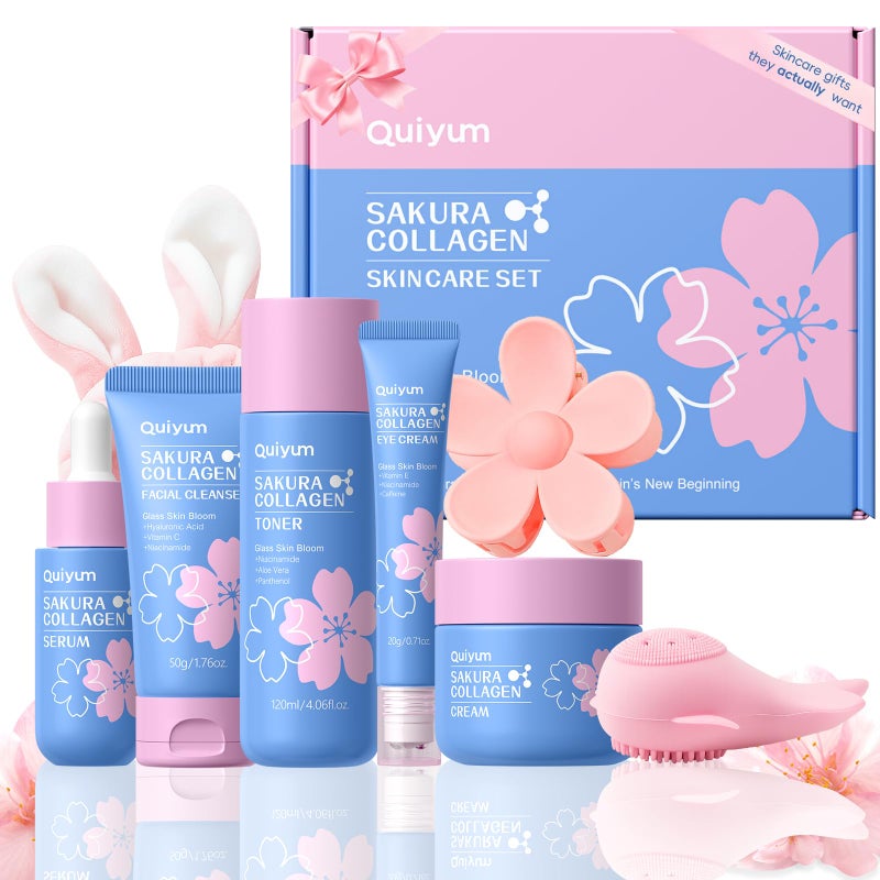 QUIYUM Sakura Collagen Skincare Set - 8-Piece Glass Skin Routine with Cleanser, Toner, Serum, Eye Cream, Moisturizer | Hydration, Firm, Glow for All Skin Types, Skin Care Gift Sets, for Mother's day - Image 1