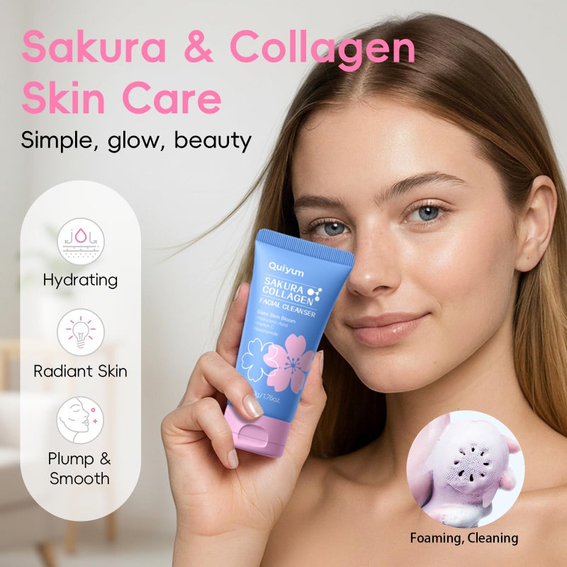 QUIYUM Sakura Collagen Skincare Set - 8-Piece Glass Skin Routine with Cleanser, Toner, Serum, Eye Cream, Moisturizer | Hydration, Firm, Glow for All Skin Types, Skin Care Gift Sets, for Mother's day - Image 2