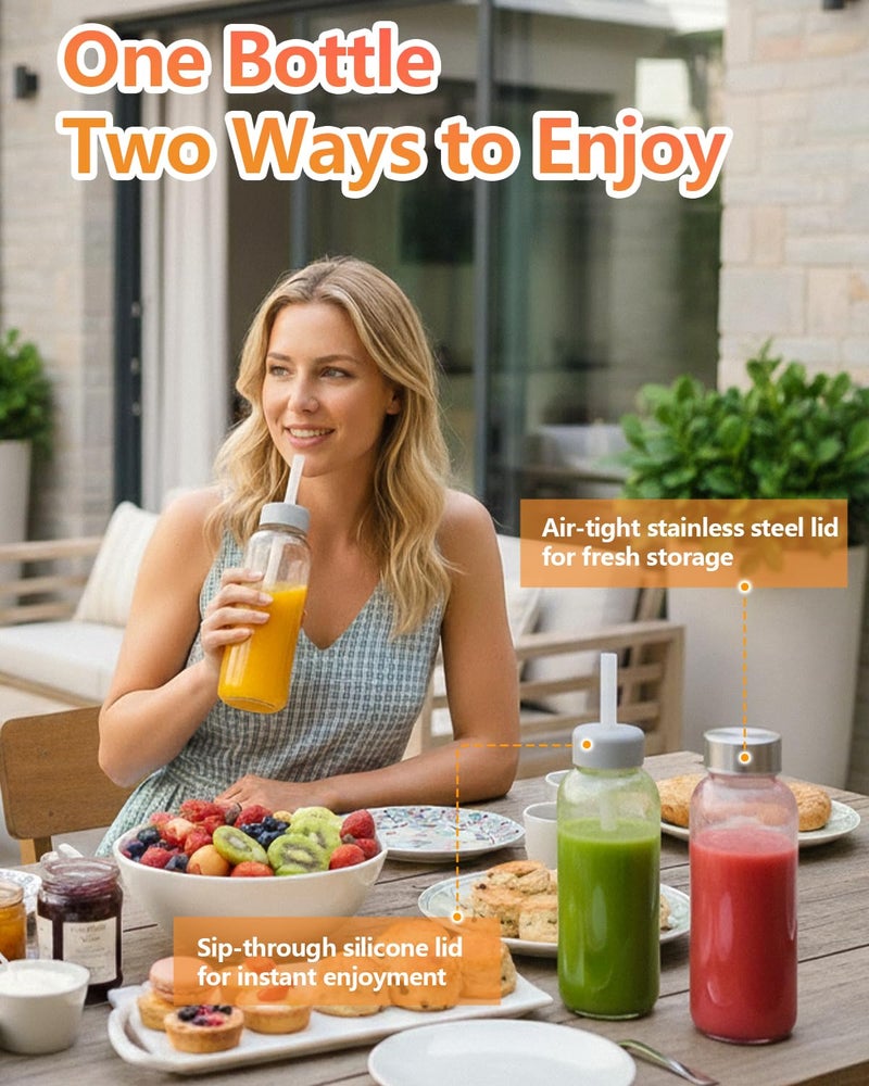 Zukro Glass Water Bottles with Lids & Straw 16 oz, 8 Pack Reusable Juice Bottles With Stainless Steel Cap for Juicing, Leak Proof Clear Smoothie Drinking Jars Beverages Containers, BPA Free - Image 3