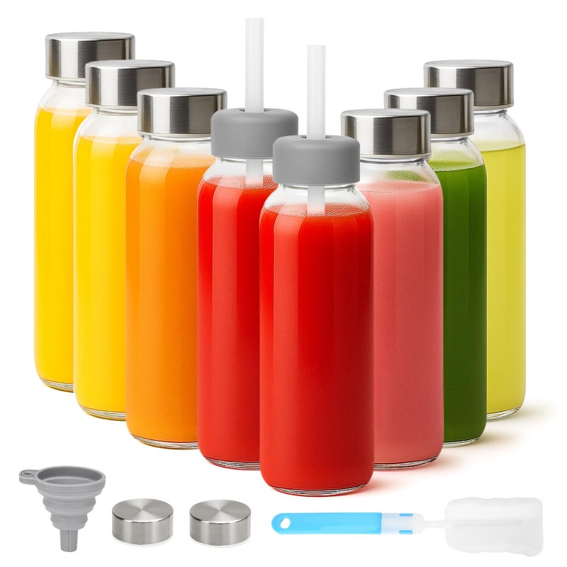 Zukro Glass Water Bottles with Lids & Straw 16 oz, 8 Pack Reusable Juice Bottles With Stainless Steel Cap for Juicing, Leak Proof Clear Smoothie Drinking Jars Beverages Containers, BPA Free - Image 1