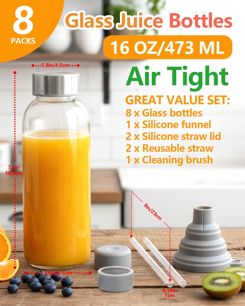 Zukro Glass Water Bottles with Lids & Straw 16 oz, 8 Pack Reusable Juice Bottles With Stainless Steel Cap for Juicing, Leak Proof Clear Smoothie Drinking Jars Beverages Containers, BPA Free - Image 2