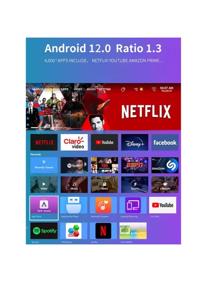 Smartbarry HT11 Android Smart 4K Projector Portable Auto Keystone WiFi6 Bluetooth 180 Degree Flip Portable Projector Dual Band Home Theatre Compatible for TV Stick/HDMI/USB/PS5/iOS/PS4 - Image 5