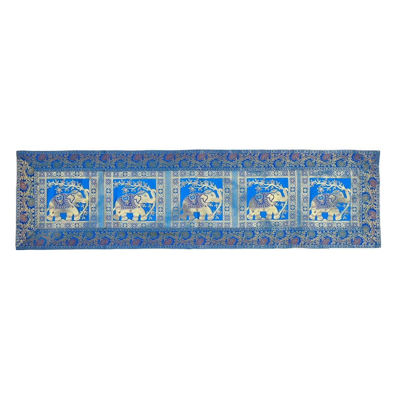 E - Ezra E EZRA Gold Banarsi Brocade Silk Table Runner for Dining Table 6 4 Seater Centre Table Top Decor Rectangle Runner 60x16 Inches Elephant Turquoise - Image 4