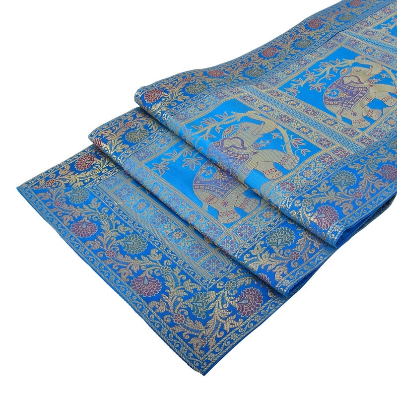 E - Ezra E EZRA Gold Banarsi Brocade Silk Table Runner for Dining Table 6 4 Seater Centre Table Top Decor Rectangle Runner 60x16 Inches Elephant Turquoise - Image 2