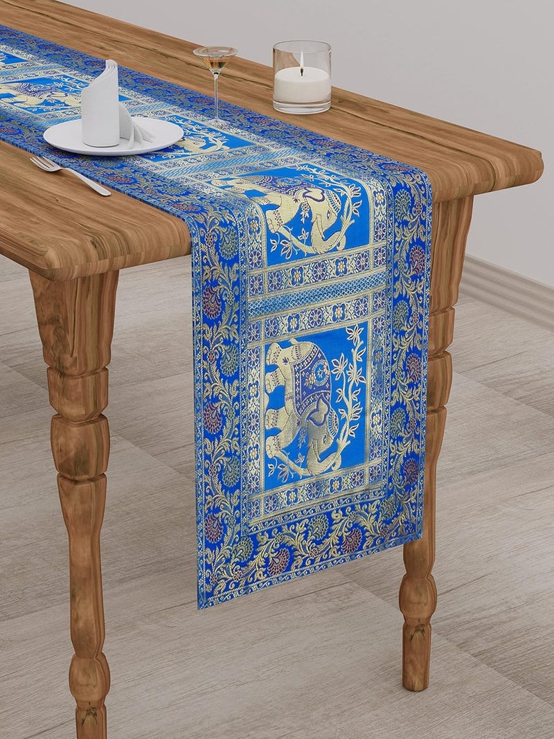 E - Ezra E EZRA Gold Banarsi Brocade Silk Table Runner for Dining Table 6 4 Seater Centre Table Top Decor Rectangle Runner 60x16 Inches Elephant Turquoise - Image 1