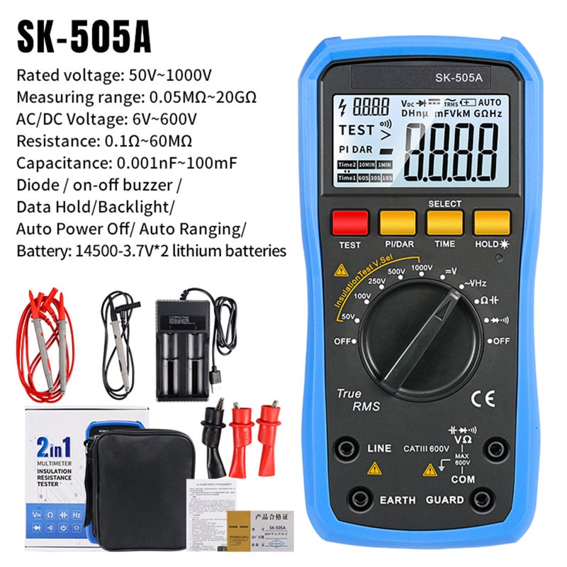مقياس المقاومة العالية ومقياس متعدد الرقمين SK-505A (مدمجين في جهاز واحد) محمول قياس تلقائي لجهد التيار المتردد/المتردد والسعة والديود وقياسات التشغيل/التوقف شاشة كبيرة حفظ البيانات يعمل ببطارية مدمجة SK-505A - Image 2