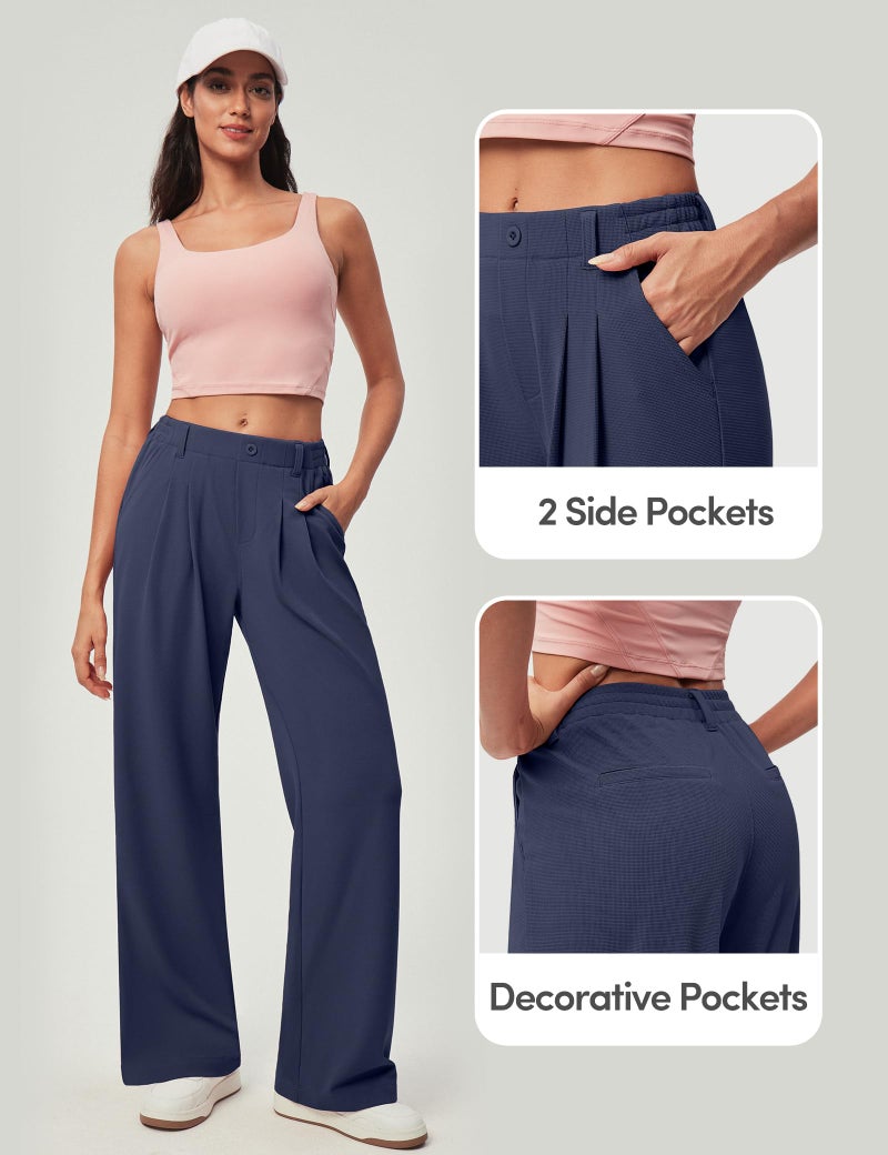 IUGA Wide Leg Pants Woman Pull on Stretchy Work Dress Pants High Waisted Business Casual Trousers Slacks Petite, Large, Dark Blue - Image 5