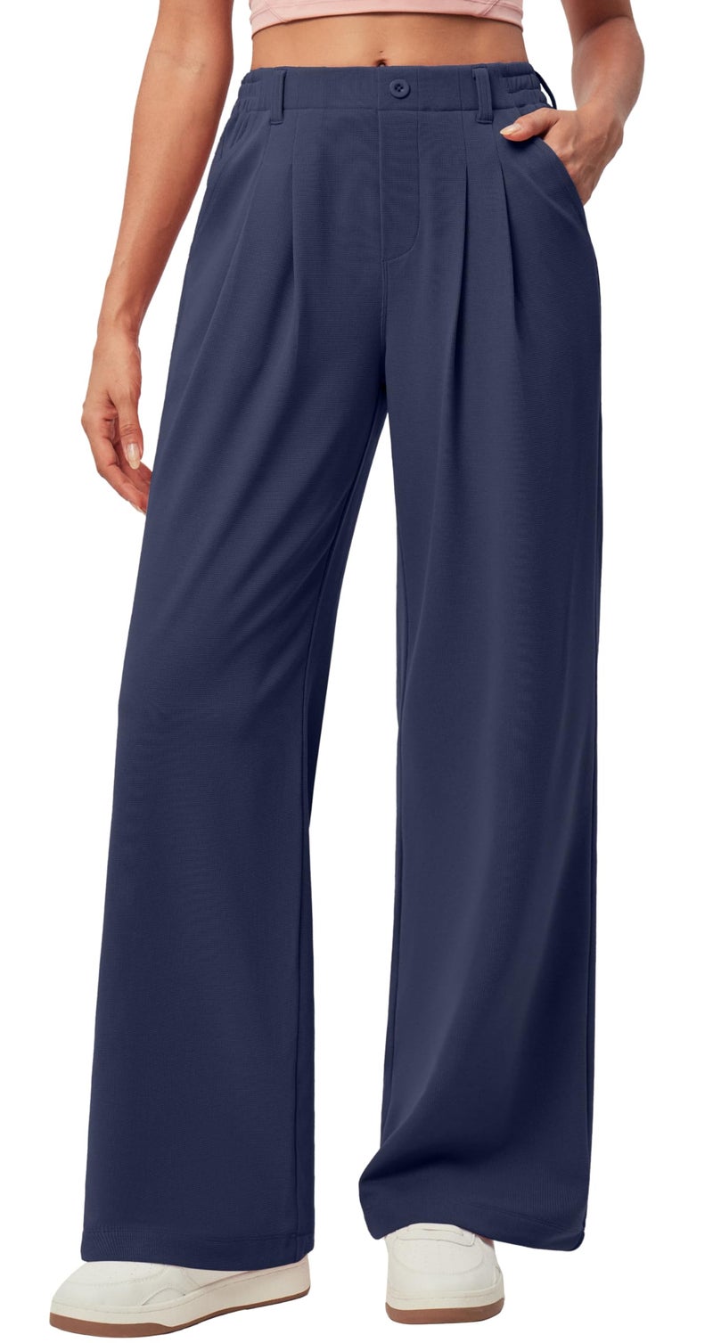 IUGA Wide Leg Pants Woman Pull on Stretchy Work Dress Pants High Waisted Business Casual Trousers Slacks Petite, Large, Dark Blue - Image 1