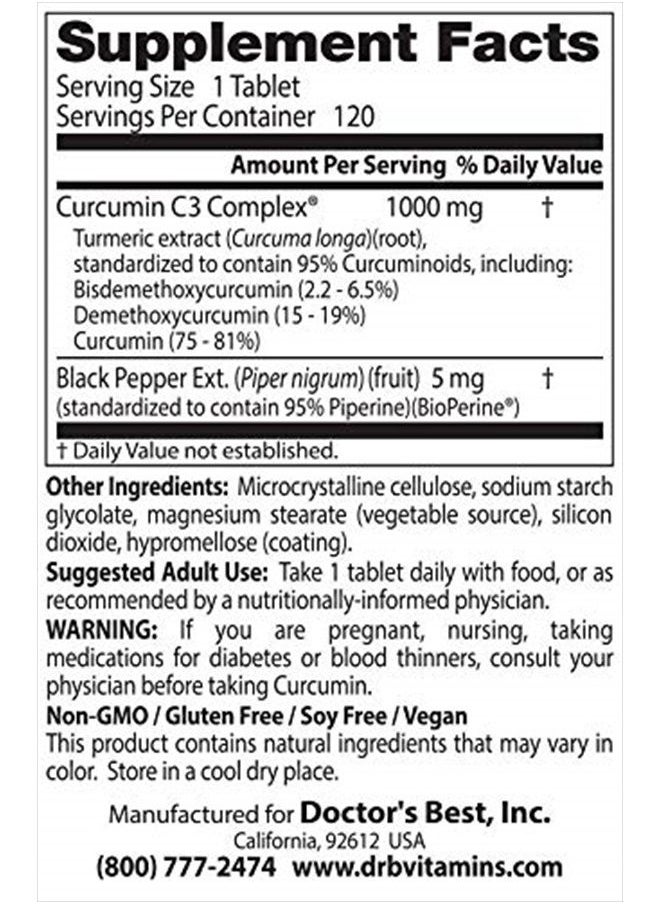 Doctor's BEST - Curcumin from Turmeric Root with Curcumin C3 & BioPerine 1000mg 120 Count by Doctor's Best - Image 1