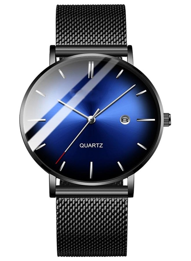 BESTKANG Men's Fashion Minimalist Wrist Watch Waterproof Watches Simple Ultra Thin Watches Analog Quartz Date with Stainless Steel Mesh Band, Black blue silver, Simple - Image 1