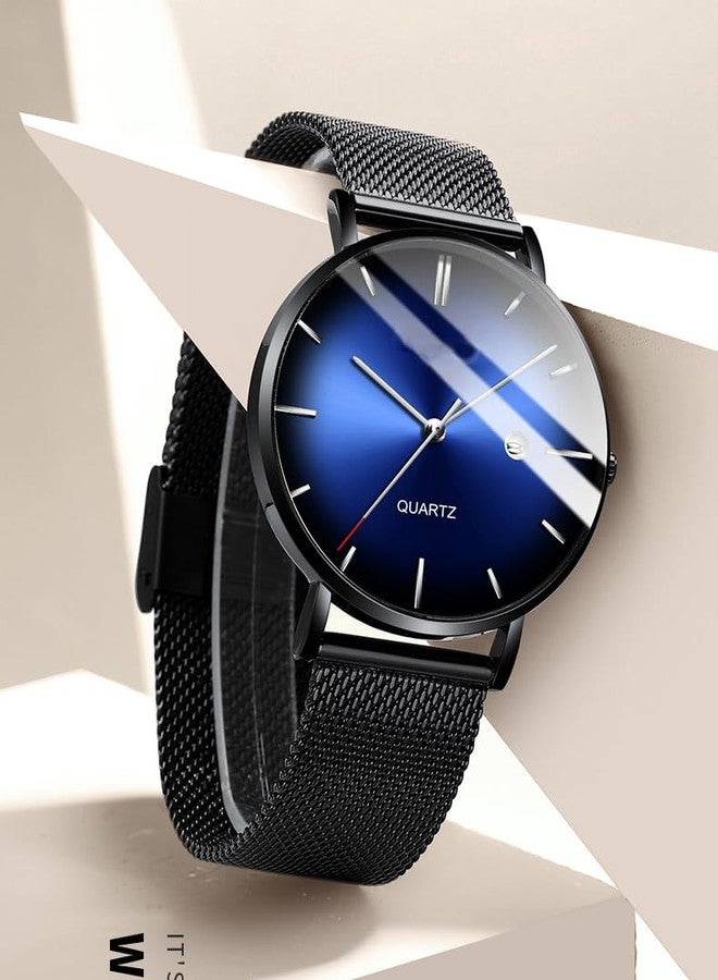 BESTKANG Men's Fashion Minimalist Wrist Watch Waterproof Watches Simple Ultra Thin Watches Analog Quartz Date with Stainless Steel Mesh Band, Black blue silver, Simple - Image 2
