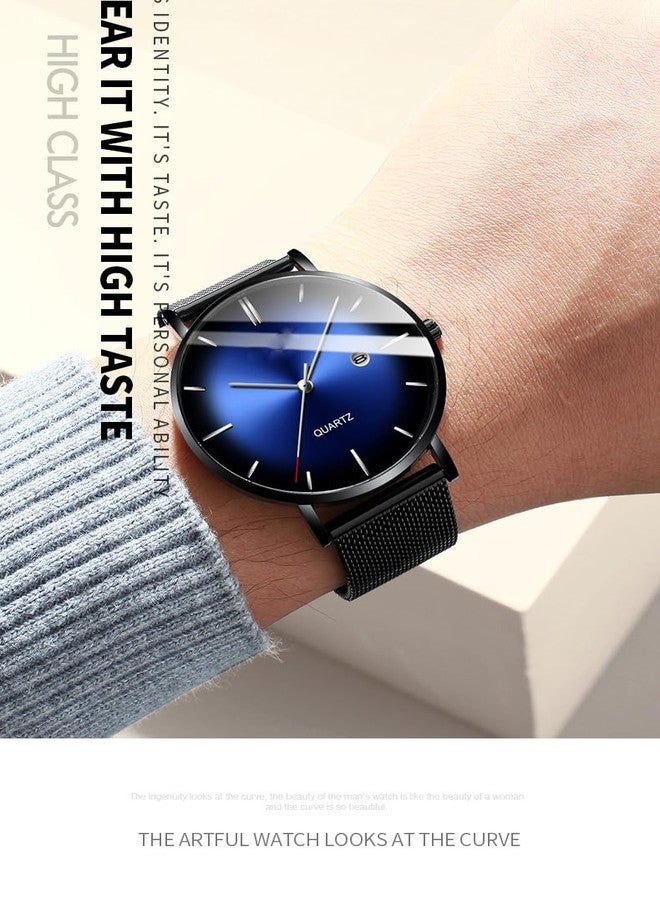 BESTKANG Men's Fashion Minimalist Wrist Watch Waterproof Watches Simple Ultra Thin Watches Analog Quartz Date with Stainless Steel Mesh Band, Black blue silver, Simple - Image 3