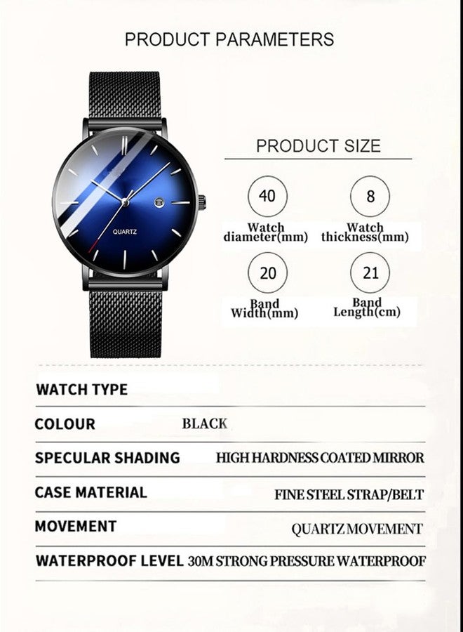 BESTKANG Men's Fashion Minimalist Wrist Watch Waterproof Watches Simple Ultra Thin Watches Analog Quartz Date with Stainless Steel Mesh Band, Black blue silver, Simple - Image 5