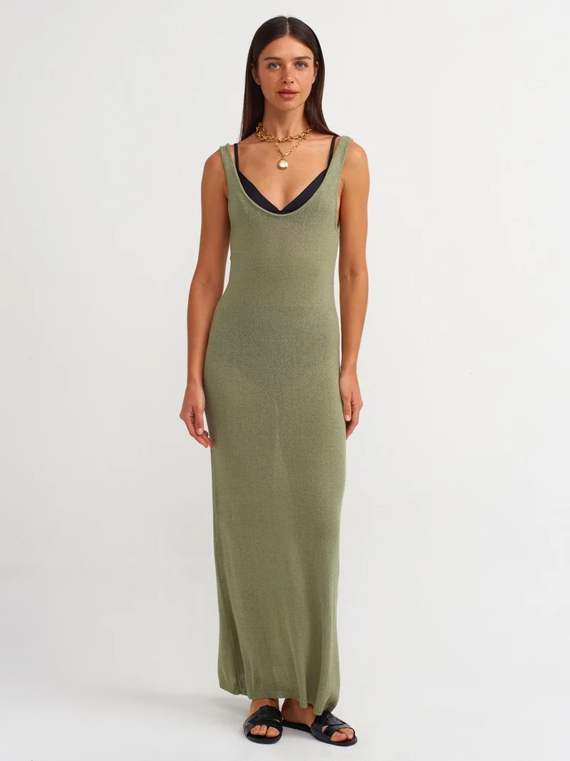 Dilvin 90220 Oval Collar Transparent Knitwear Dress-Light Khaki
