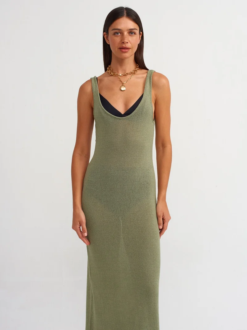 Dilvin 90220 Oval Collar Transparent Knitwear Dress-Light Khaki