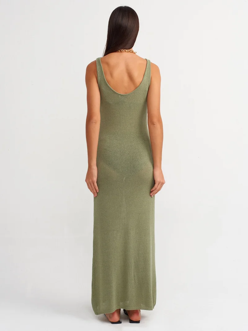 Dilvin 90220 Oval Collar Transparent Knitwear Dress-Light Khaki