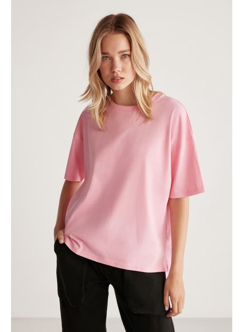 GRIMELANGE Jemmy Women's Basic Jersey Woven Relaxed 100% Organic Cotton Light Pink T-shirt - Image 2