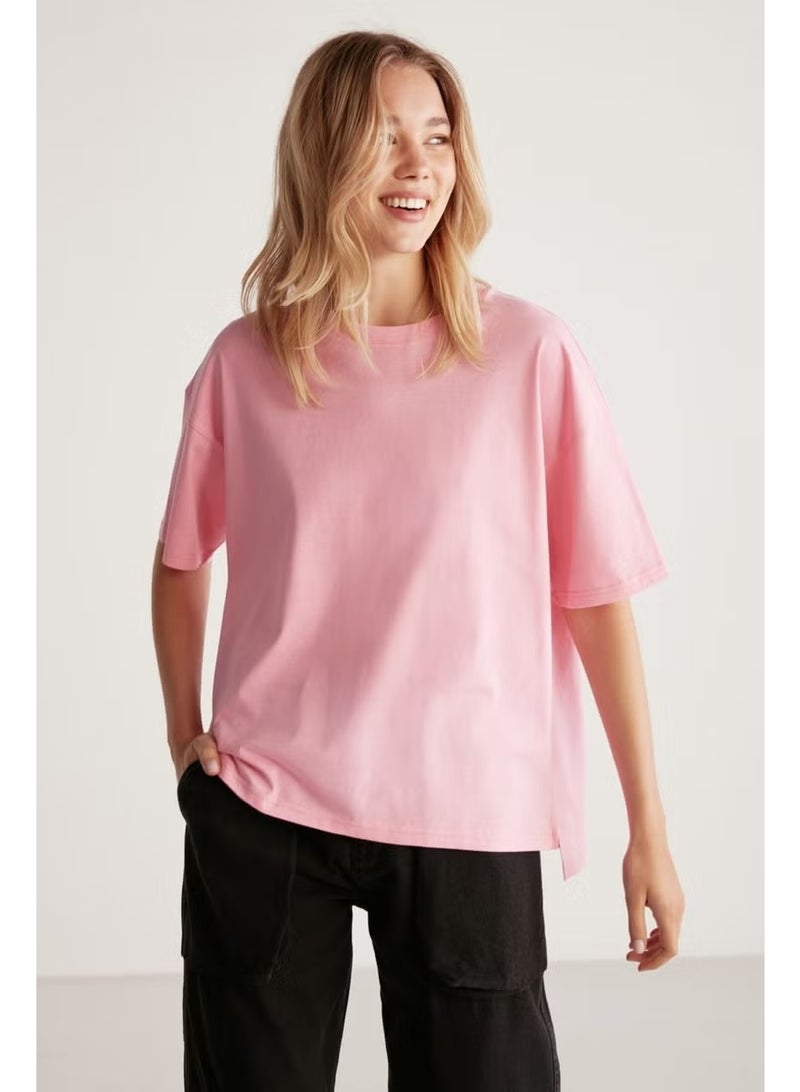 GRIMELANGE Jemmy Women's Basic Jersey Woven Relaxed 100% Organic Cotton Light Pink T-shirt - Image 1