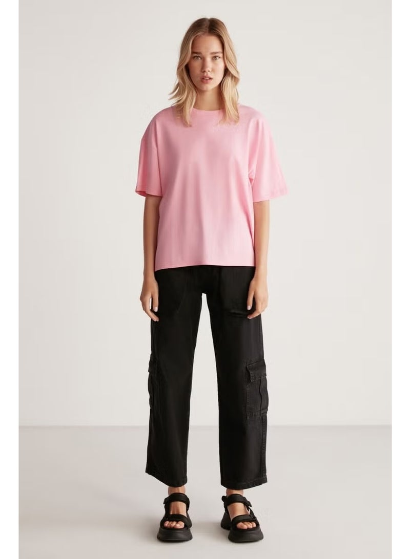 GRIMELANGE Jemmy Women's Basic Jersey Woven Relaxed 100% Organic Cotton Light Pink T-shirt - Image 3