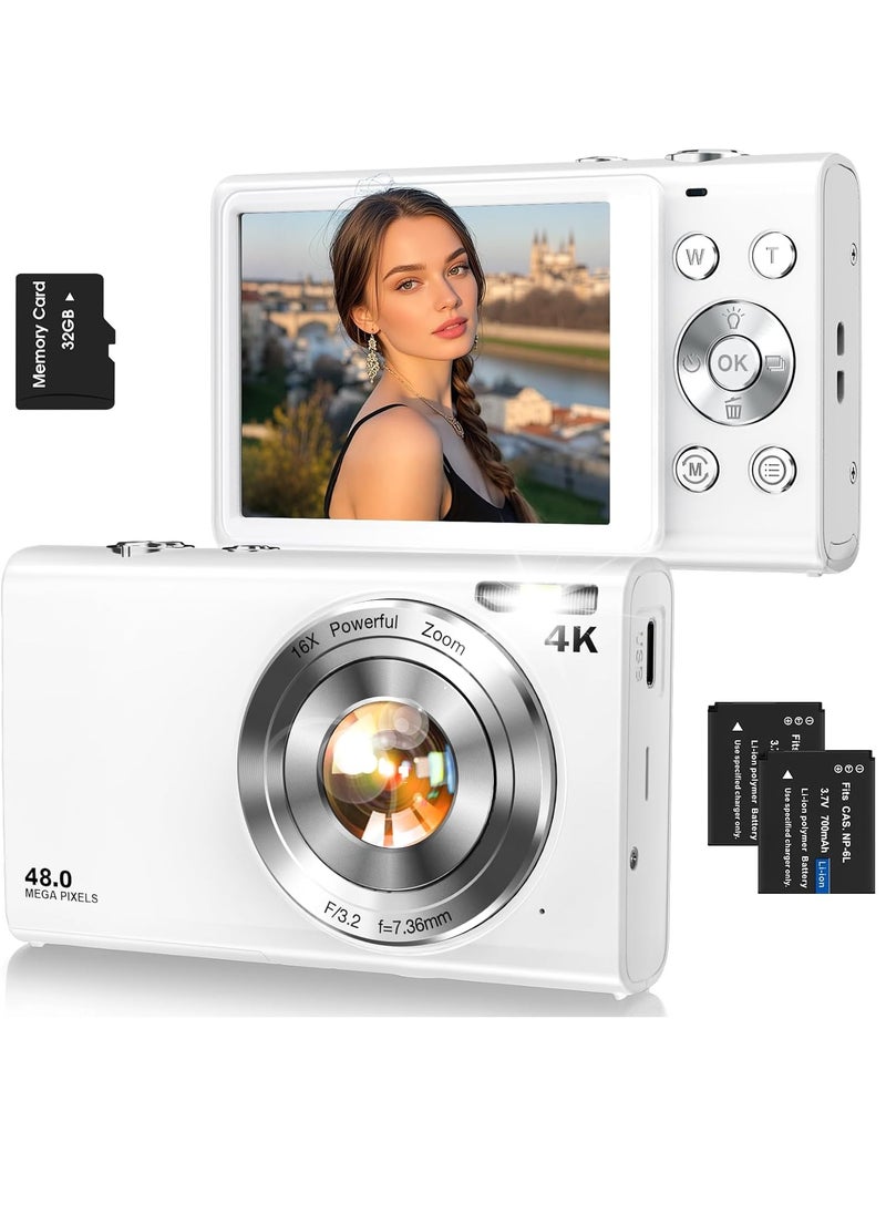 AMBERJACK Digital Camera Autofocus 4K Vlogging Camera for Photography with 32GB Card,48MP Portable Compact Point and Shoot Digital Camera for Teens Adult Beginner with 16X Zoom Anti Shake 2 Batteries(White)  - Image 1
